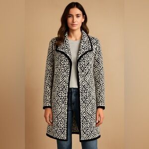 Icelandic Design Black White Jacquard Knit Cardigan Coat Medium Wool Blend
